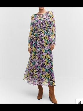 Mango Textured Floral Pattern Long-Sleeve Midi Dress